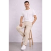 Bidebuvar Erkek Diagonel Mikro Dokulu Duble Paça Cepli Pantolon Bağcıklı Bel, Modern Kesim - Krem