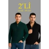 Bidebuvar Erkek Fitilli Triko Kazak 2’li Set – Siyah - Haki Kalın Dokuma Pamuklu Regular Fit V Yaka Fermuarlı Uzun Kollu Rahat Kışlık Kazak Kombini