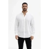 Bidebuvar Erkek KETEN Kumaş Oversize Uzun Kollu Rahat Kalıp Gömlek - Beyaz