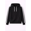 Bidebuvar Erkek Şeritli Kapüşonlu Sweatshirt Oversize 3 Iplik Pamuklu - Siyah