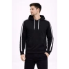 Bidebuvar Erkek Şeritli Kapüşonlu Sweatshirt Oversize 3 Iplik Pamuklu - Siyah