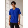 Bidebuvar Erkek V Yaka Basic Tişört Kısa Kol Yazlık Regular Fit T-Shirt - Saks Mavisi