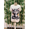 Bidebuvar Kadın Kısa Kollu Bisiklet Yaka Kedi Baskılı Süprem Bluz