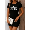 Bidebuvar Kadın Kısa Kollu Queen Baskı Iki Iplik Mini Elbise