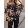 Bidebuvar Kadın Kısa Kollu Yuvarlak Yaka çiçek Baskılı Asimetrik Kesim şifon Bluz