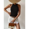 Bidebuvar Kadın Kolsuz Halter Yaka Mini Baklava Desenli Triko Bluz