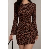 Bidebuvar Kadın Uzun Kollu Bisiklet Yaka Leopar Desenli Dalgıç Mini Elbise