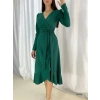 Bidebuvar Kadın Yeşil Krep Kumaş Midi Boy Kuşaklı Uzunkol Elbise