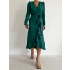 Bidebuvar Kadın Yeşil Krep Kumaş Midi Boy Kuşaklı Uzunkol Elbise