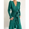 Bidebuvar Kadın Yeşil Krep Kumaş Midi Boy Kuşaklı Uzunkol Elbise