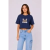 Bidebuvar Kedi Baskılı Oversize Crop Tişört Salaş Basic Yarım Kol T-shirt - Lacivert