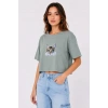Bidebuvar Kedi Baskılı Oversize Crop Tişört Salaş Basic Yarım Kol T-shirt - Mint Yeşili