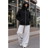 Bidebuvar Maskeli Ninja Model Çift Kapüşonlu 3 İplik Şardonlu Fermuarlı Oversize Sweatshirt - Siyah