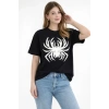 Bidebuvar Örümcek Baskılı Tişört Kısa Kollu Bisiklet Yaka T-Shirt - Siyah