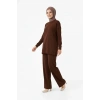 Bidebuvar Osy Modal Yumuşak Dokulu Tesettür İkili Takım Yan Yırtmaçlı Uzun Tunik Ve Düz Paça Pantolon, Salaş Kalıp - Kahverengi