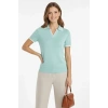 Bidebuvar Triko Kumaş Yakalı Düğmesiz Açık Yaka Fitilli Kısa Kollu Regular Fit Tişört T-shirt - Mint Yeşili