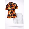 Bidebuvar Tropikal Palmiye Desenli Gömlek Şort Takım Yazlık Rahat Kalıp - Desenli