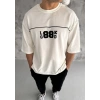Bidebuvar Unisex Bisiklet Yaka Baskılı Oversize T-Shirt - Beyaz