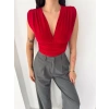 Bidebuvar Vatkalı Kolsuz V Yaka Drapeli Crop Bluz Likralı Fit - Kırmızı
