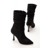 Bidebuvar VRT-024 Siyah Süet Yüksek İnce Topuklu Körüklü Fermuarlı  Kadın Bot
