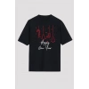 Bidebuvar Yılbaşı Happy New Year Baskılı Kısa Kollu Oversize Bisiklet Yaka T-shirt - Siyah