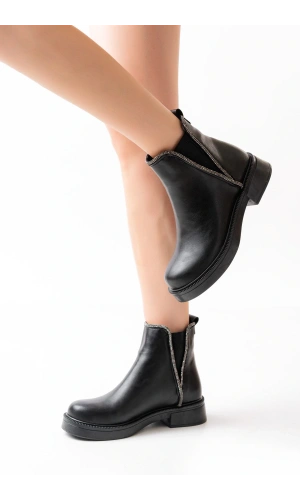 Bidebuvar 02-02 Siyah Taş Aksesuarlı Lastikli Günlük Kadın Bot