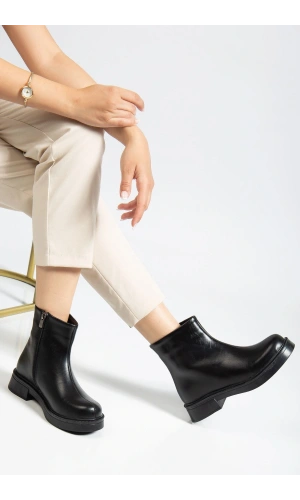 Bidebuvar 02-3033 Siyah Kırışık Rugan Fermuarlı Günlük Kadın Bot