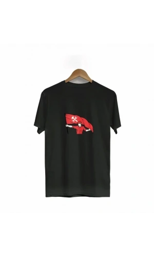 Bidebuvar 1 Mayıs Emek Ve Dayanışma Bayraklı Emekçi Baskılı Bisiklet Yaka T-shirt - Siyah