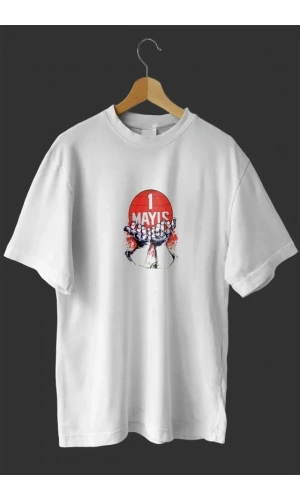 Bidebuvar 1 Mayıs Emek Ve Dayanışma Günü Baskılı Oversize Bisiklet Yaka T-shirt - Beyaz