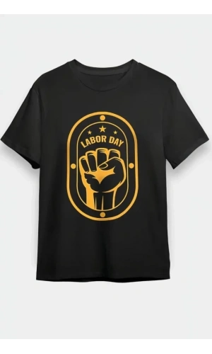 Bidebuvar 1 Mayıs Labor Day Emekçi Temalı Baskılı Oversize Bisiklet Yaka T-shirt - Siyah