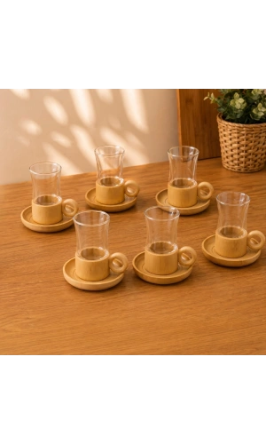 Bidebuvar 12 Parça Çay Seti - Bambu Bardak Altığı - Çift Cidarlı Cam - 150 ml