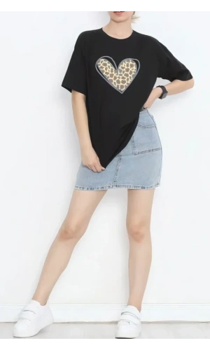 Bidebuvar 14 Şubat Sevgililer Günü Leopar Kalp Baskılı Oversize Bisiklet Yaka T-shirt - Siyah