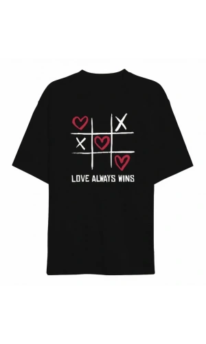 Bidebuvar 14 Şubat Sevgililer Günü Love Always Wins Baskılı Oversize Bisiklet Yaka T-shirt - Siyah