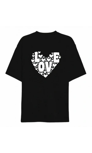 Bidebuvar 14 Şubat Sevgililer Günü Love Kalp Baskılı Oversize Bisiklet Yaka T-shirt - Siyah