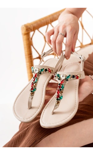 Bidebuvar 152-1110 Bej Multi Taşlı Parmak Arası Kadın Sandalet