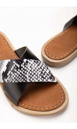 Bidebuvar 169-076 Siyah Ortopedik Hakiki Deri Çapraz Bantlı Kadın Terlik