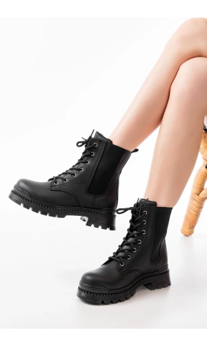 Bidebuvar 2051-298 Siyah Luna Düz Topuklu Bağcıklı Lastikli Günlük Kadın Bot