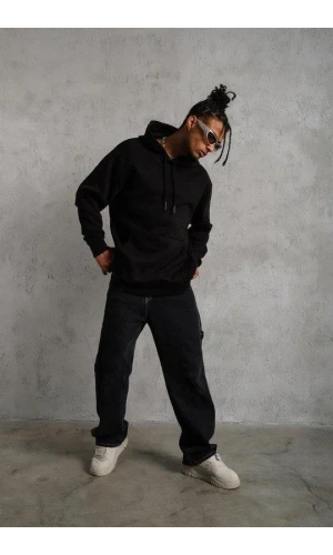 Bidebuvar 3 İplik Kapşonlu Sweatshirt Hoodie - Siyah