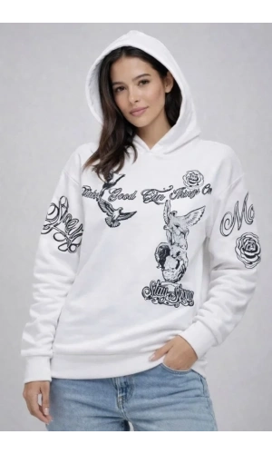 Bidebuvar 3 İplik Pamuklu Kapüşonlu Baskılı SweatShirt Hoodie - Beyaz