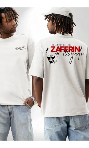 Bidebuvar 30 Ağustos Zafer Bayramı Ön Arka Baskılı Oversize Bisiklet Yaka T-shirt - Beyaz