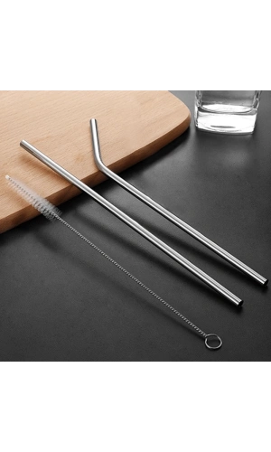 Bidebuvar 31 cm Ekstra Uzun Paslanmaz Çelik Pipet Seti – 3 Parça (Eğri + Düz + Fırça)