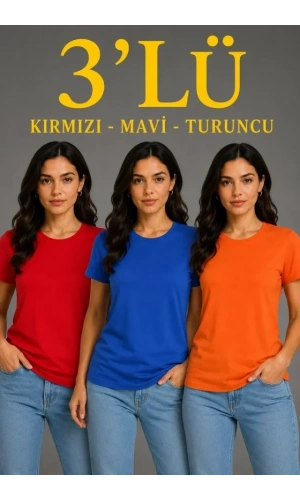 Bidebuvar 3’lü Kısa Kollu Bisiklet Yaka Basic Slim Fit T-Shirt - Kırmızı - Mavi - Turuncu