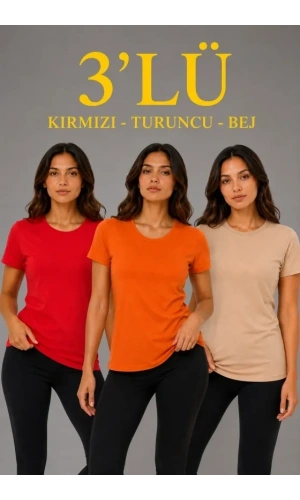 Bidebuvar 3’lü Kısa Kollu Bisiklet Yaka Basic Slim Fit T-Shirt - Kırmızı - Turuncu - Bej