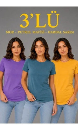 Bidebuvar 3’lü Kısa Kollu Bisiklet Yaka Basic Slim Fit T-Shirt - Mor - Petrol Mavisi - Hardal