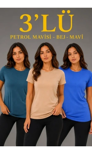 Bidebuvar 3’lü Kısa Kollu Bisiklet Yaka Basic Slim Fit T-Shirt -Petrol Mavisi  - Bej - Mavi