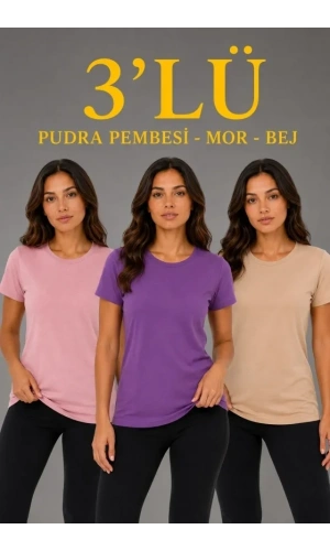 Bidebuvar 3’lü Kısa Kollu Bisiklet Yaka Basic Slim Fit T-Shirt - Pudra Pembe - Mor - Bej