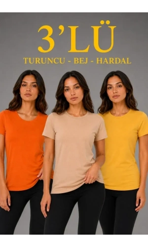 Bidebuvar 3’lü Kısa Kollu Bisiklet Yaka Basic Slim Fit T-Shirt - Turuncu - Bej - Hardal