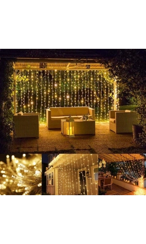 Bidebuvar 3x2 Perde Led Sarı Işık Plastik Kancalı