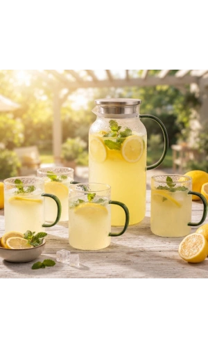 Bidebuvar 5 Parça Bardaklı Sürahi Seti - Cam - 1800 ml Sürahi - 4 Bardak