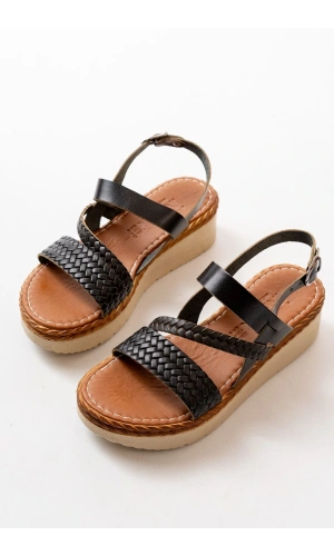 Bidebuvar 730-152 Siyah Ortopedik Hakiki Deri Dolgu Kadın Sandalet